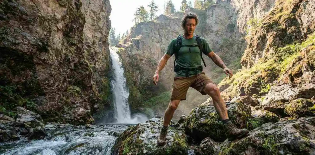 Traveler crossing rocks beside a waterfall