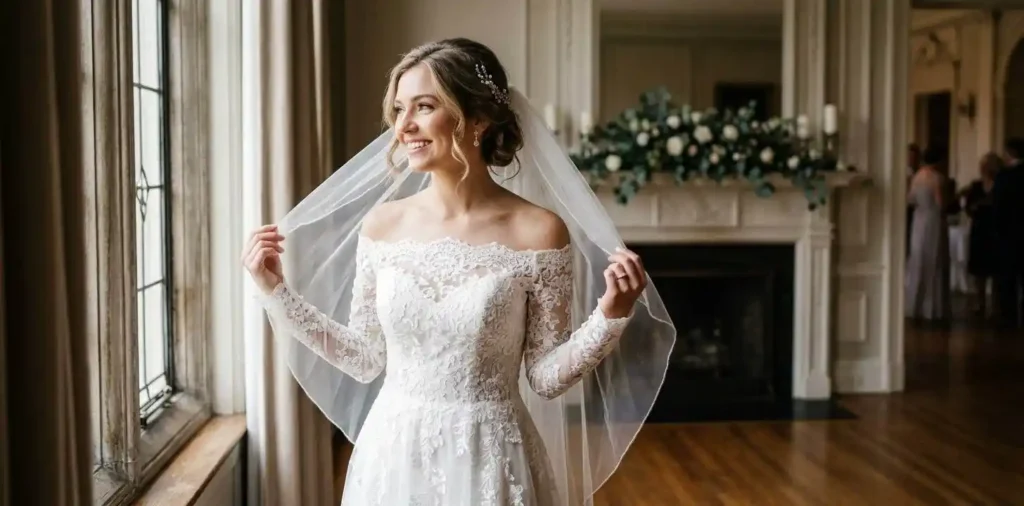 Bride smiling in an elegant white wedding dress