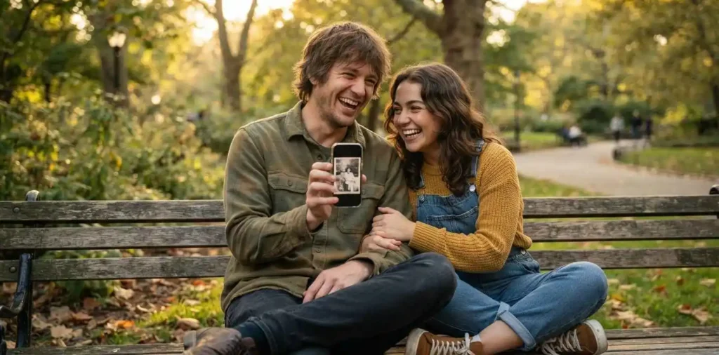 Brother and sister laughing together on a park bench