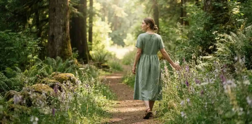 Woman walking peacefully through a lush green forest