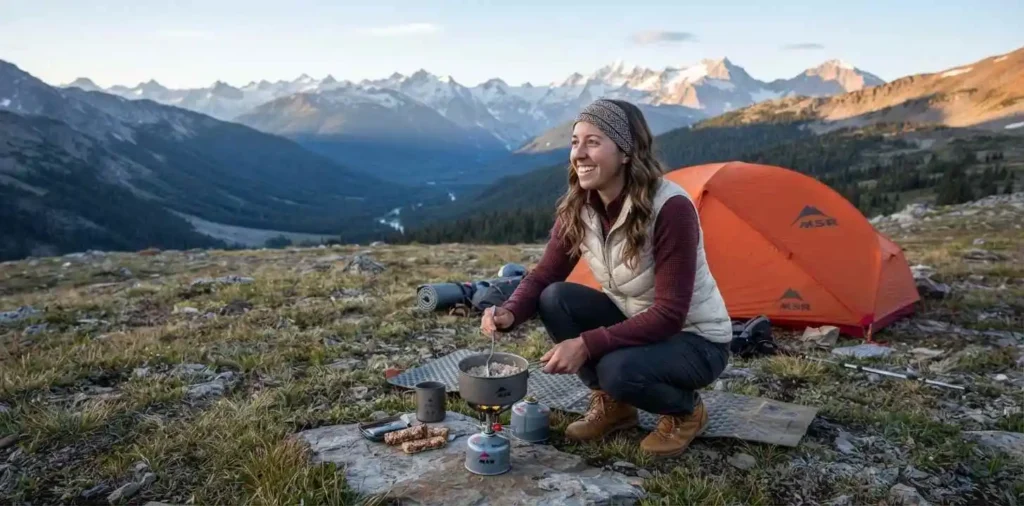 Camper preparing breakfast beside mountain tent