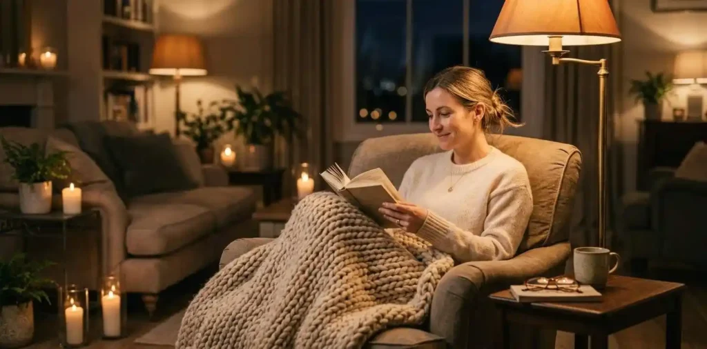 Person relaxing under warm evening lights