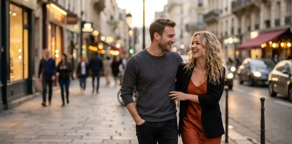 Couple walking together during a romantic evening