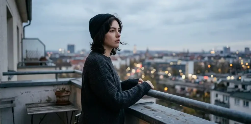 Person reflecting quietly beside a rainy window