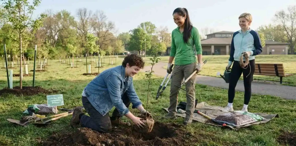 Friends planting a young tree outdoors