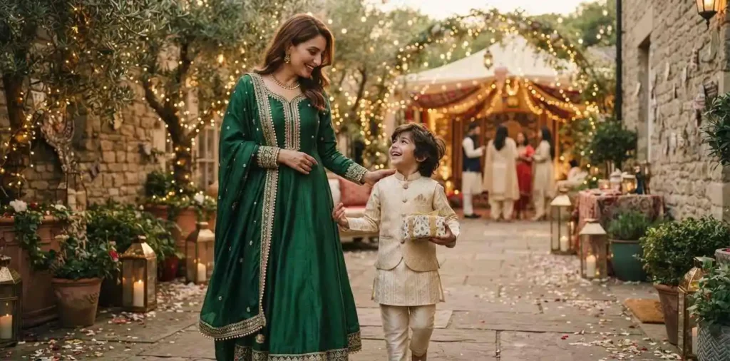Mother and son celebrating Eid together outdoors