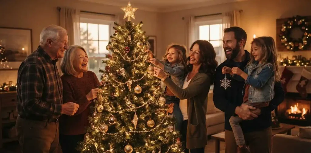 Family decorating a Christmas tree at home