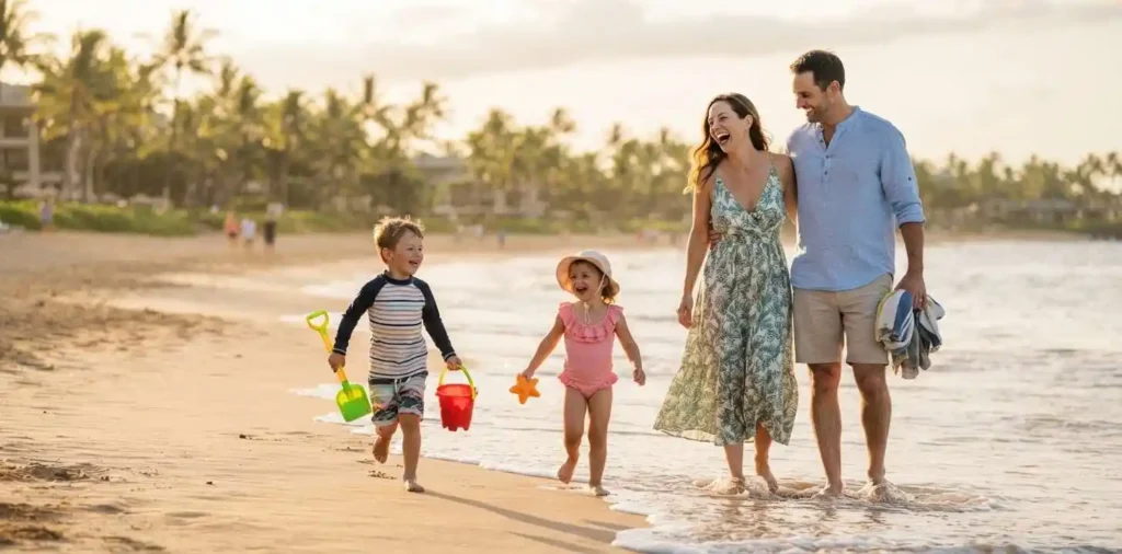 Family enjoying a sunny vacation by the beach