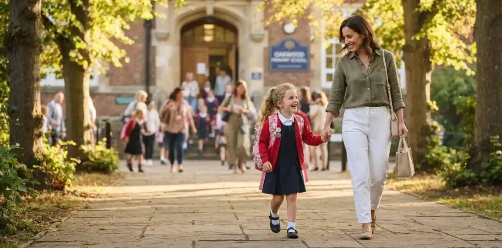 Mother walking daughter to school entrance