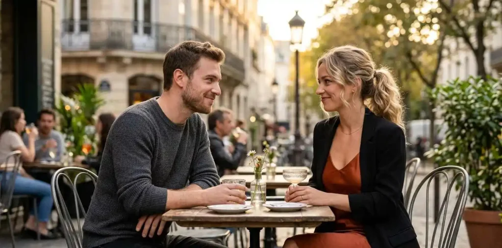 Confident couple sharing playful smiles at a café