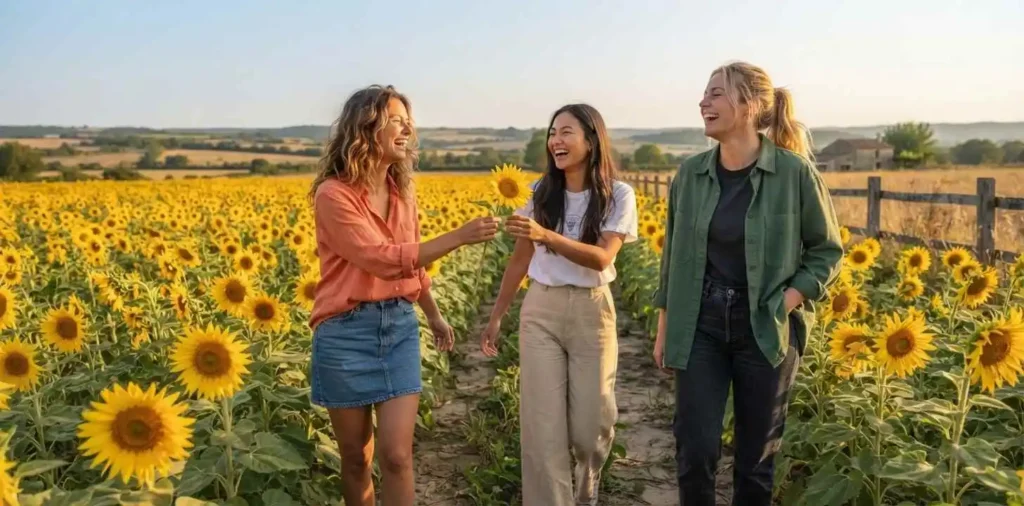 Friends laughing together among sunflowers