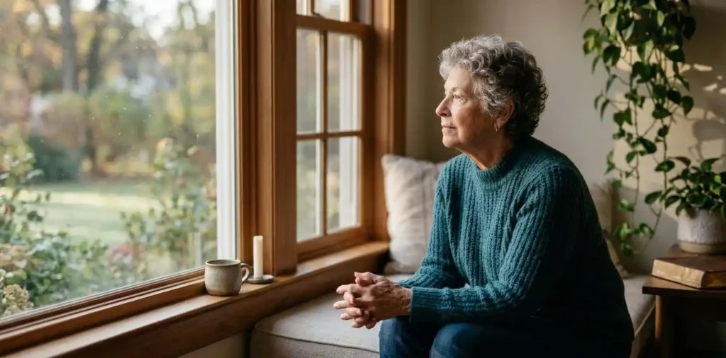 Woman reflecting peacefully beside a sunlit window