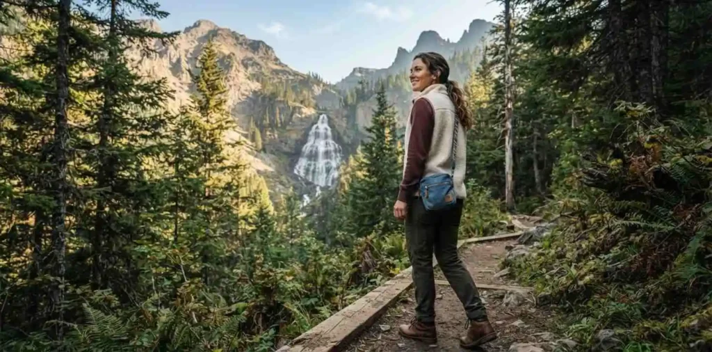 Woman exploring forest waterfall trail