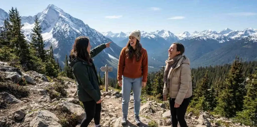 Friends laughing beside a mountain trail
