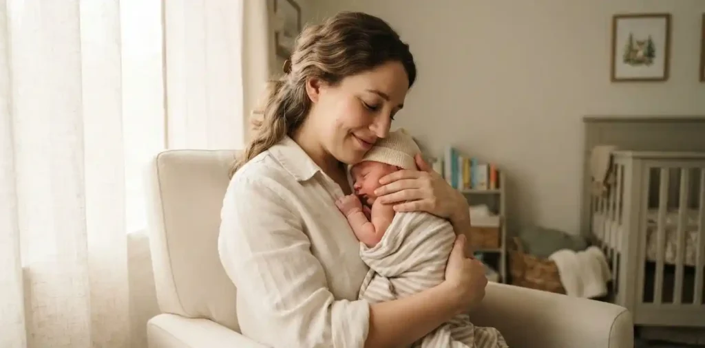 Mother gently holding her newborn baby son