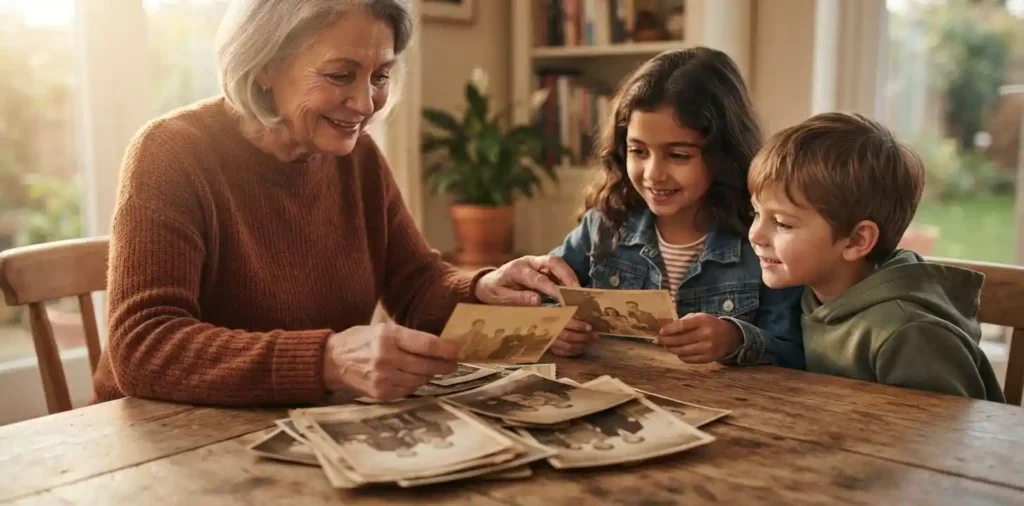 Grandmother and grandchildren looking through old family photos