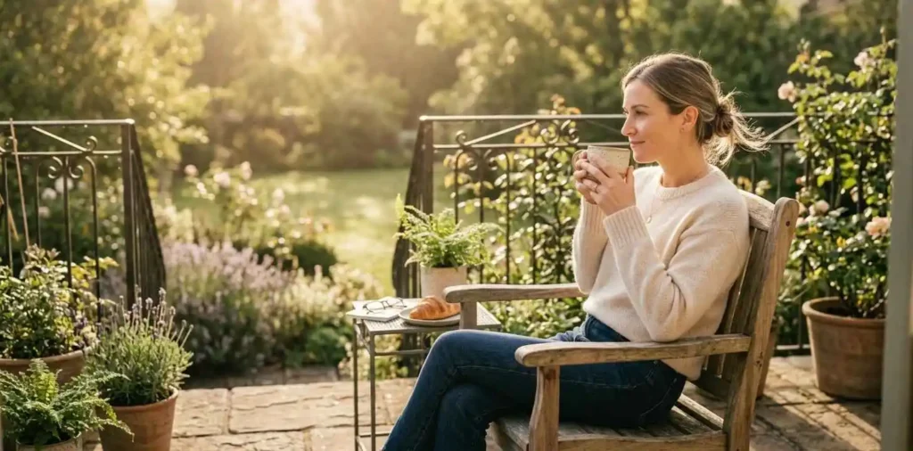 Woman enjoying a quiet morning with coffee