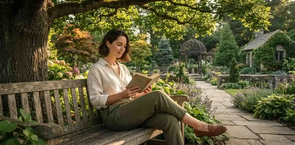Woman relaxing beneath a large leafy tree