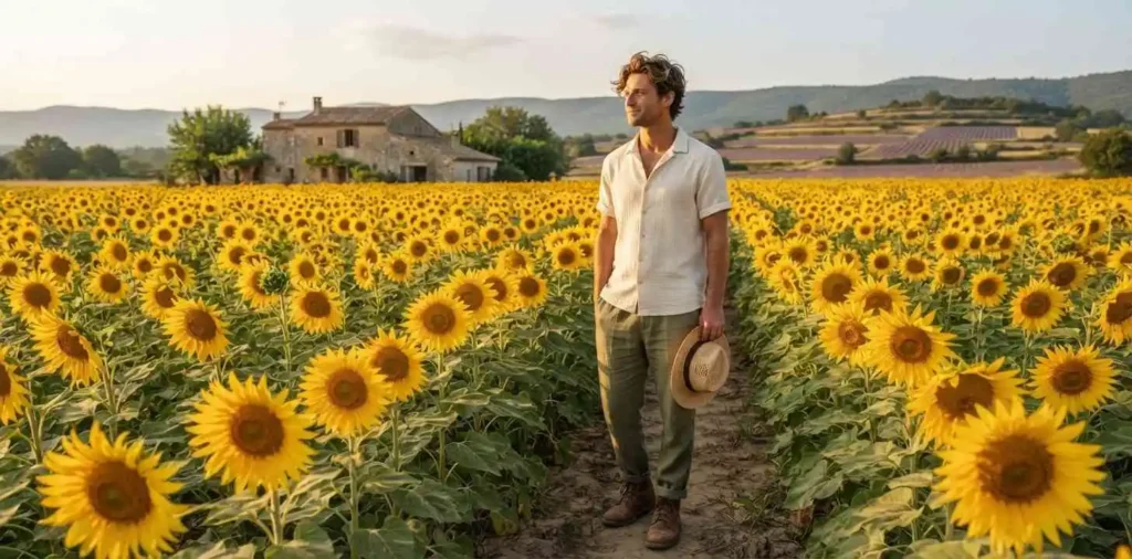Traveler exploring Provence sunflower fields