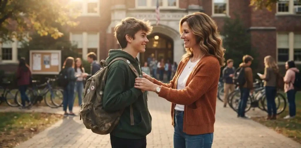 Mother and son sharing a school memory