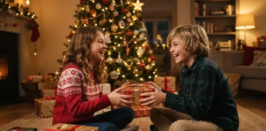 Siblings laughing together beside a decorated Christmas tree