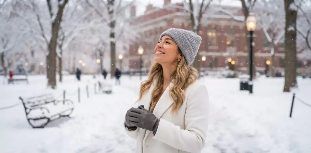 Woman enjoying gentle snowfall in a snowy city park