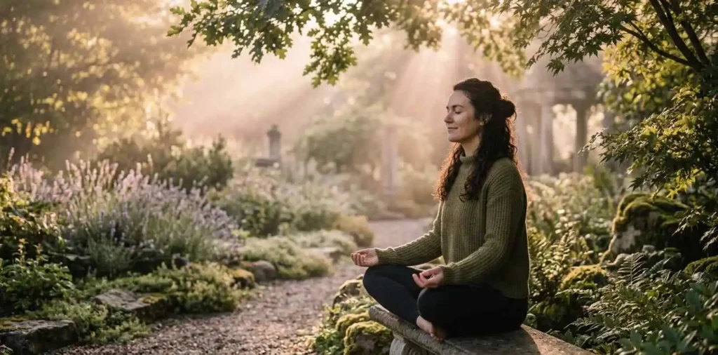 Woman reflecting peacefully in a quiet natural setting