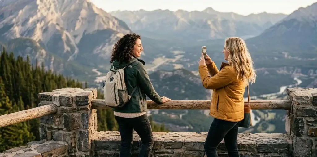 Two sisters enjoying a scenic mountain viewpoint