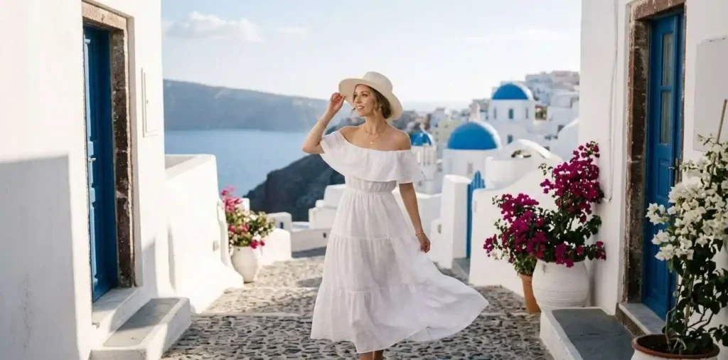 Traveler exploring a sunlit white coastal village