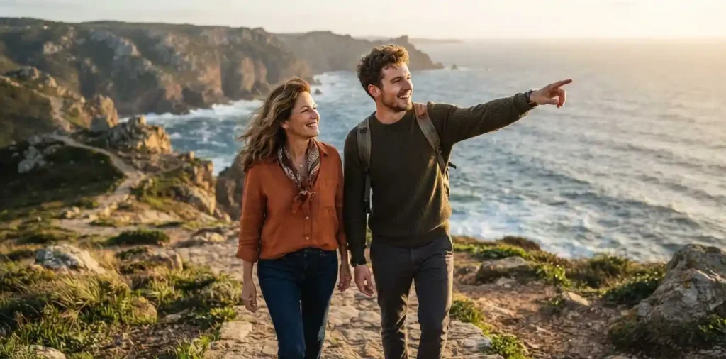 Mother and son exploring a scenic destination