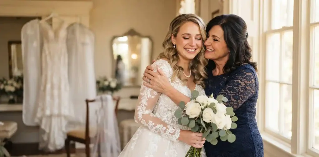 Mother embracing her daughter on wedding day