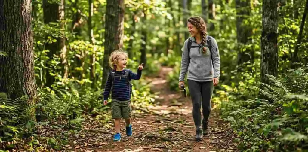 Mother and son exploring a scenic hiking trail