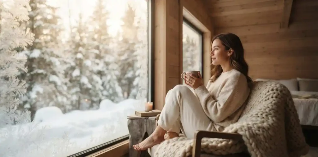 Woman enjoying a peaceful winter morning beside a window