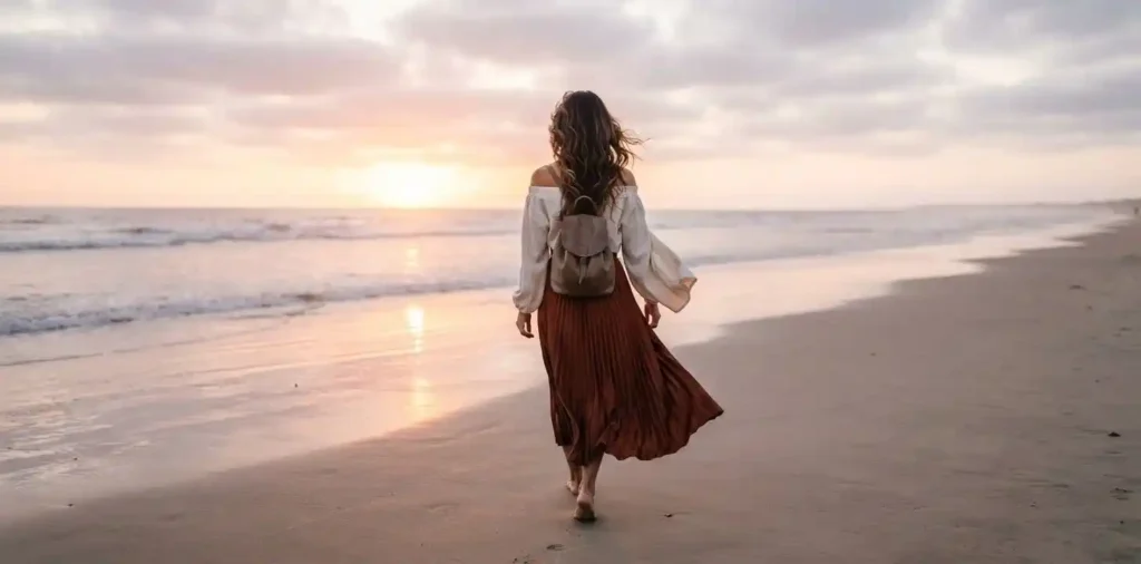 Woman walking away along a quiet beach