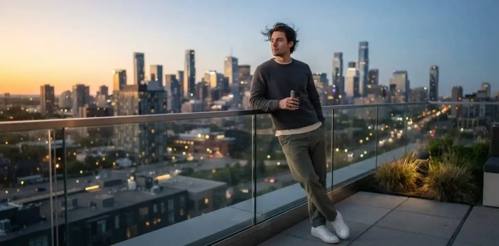 Young man enjoying a quiet rooftop evening