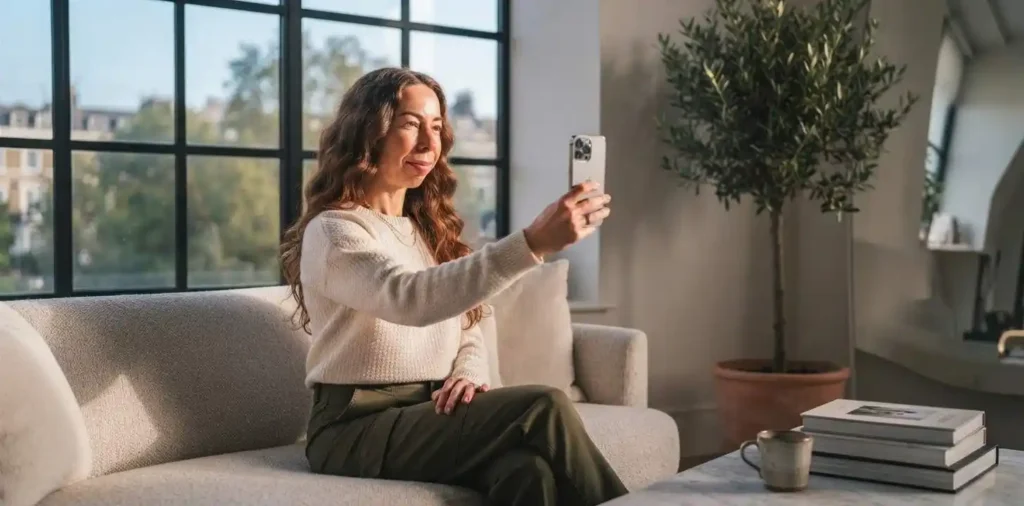 Young woman taking a solo selfie outdoors