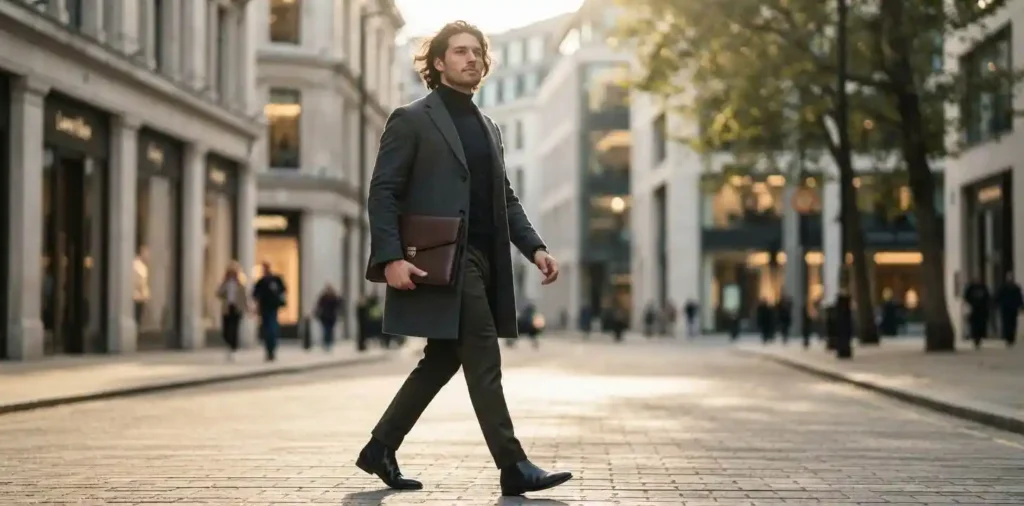 Confident man walking through modern city