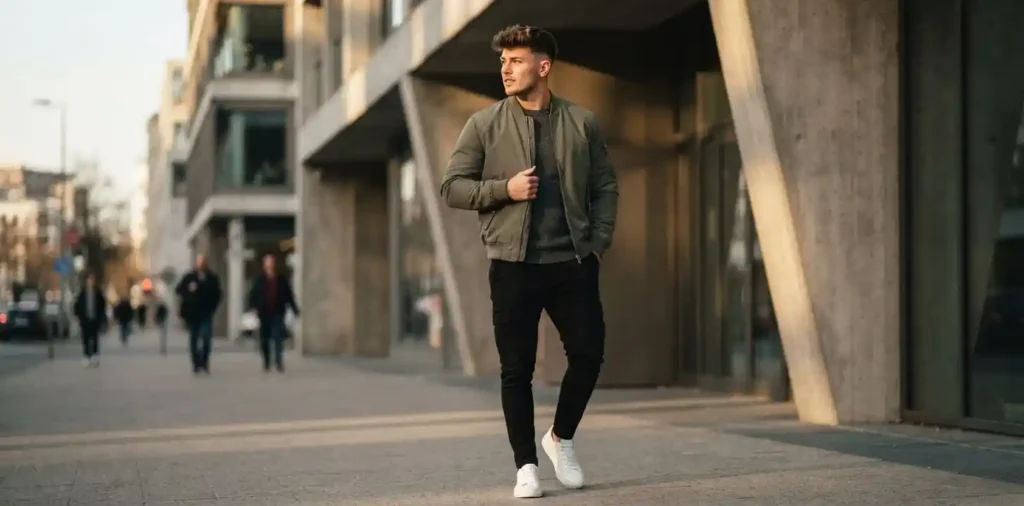 Confident young man walking through city street
