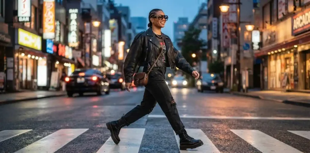 Confident person walking through vibrant city streets