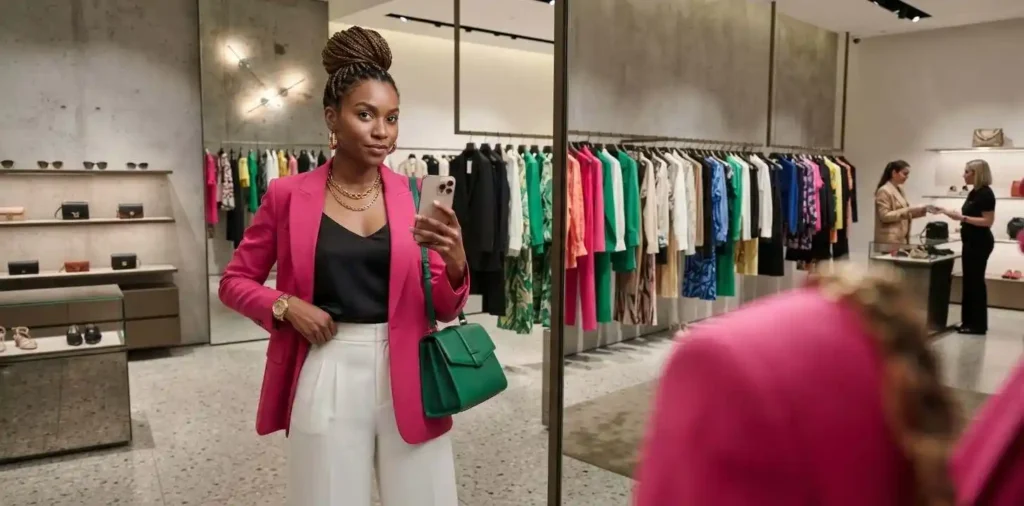 Confident woman taking a stylish mirror selfie