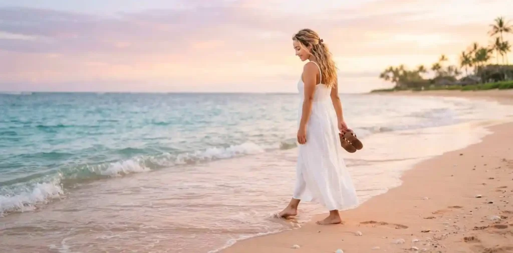Woman walking barefoot along a peaceful sandy beach