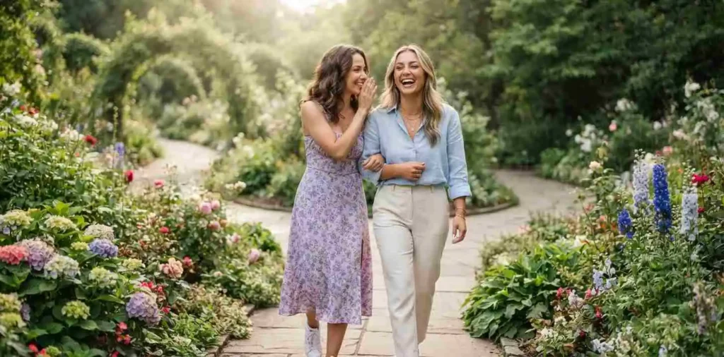 Two best friends laughing together in a flower garden