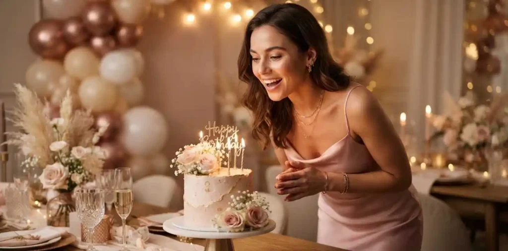 Young woman celebrating her birthday with cake and balloons