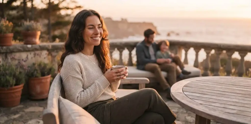 Woman enjoying peaceful sunset with loved ones