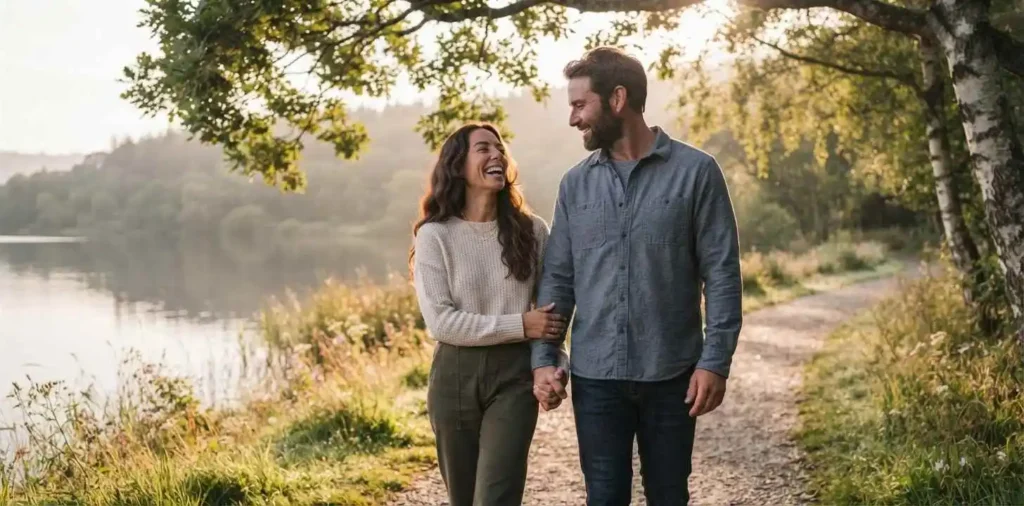 Couple sharing a joyful moment by the lake
