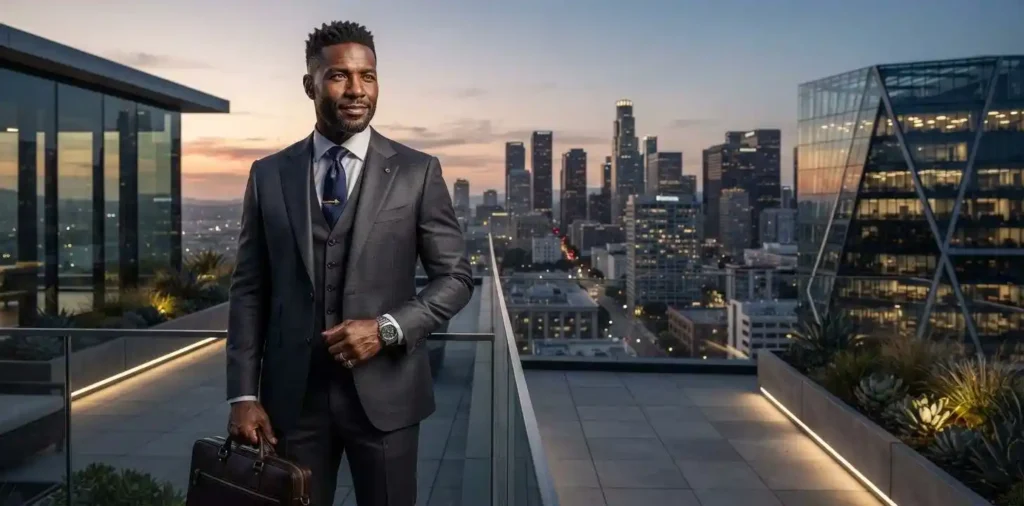 Confident man standing outside modern office