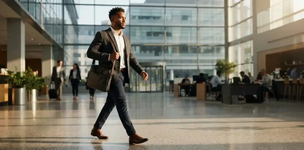 Confident professional walking through modern office