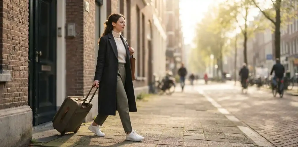 Woman leaving an apartment with quiet determination