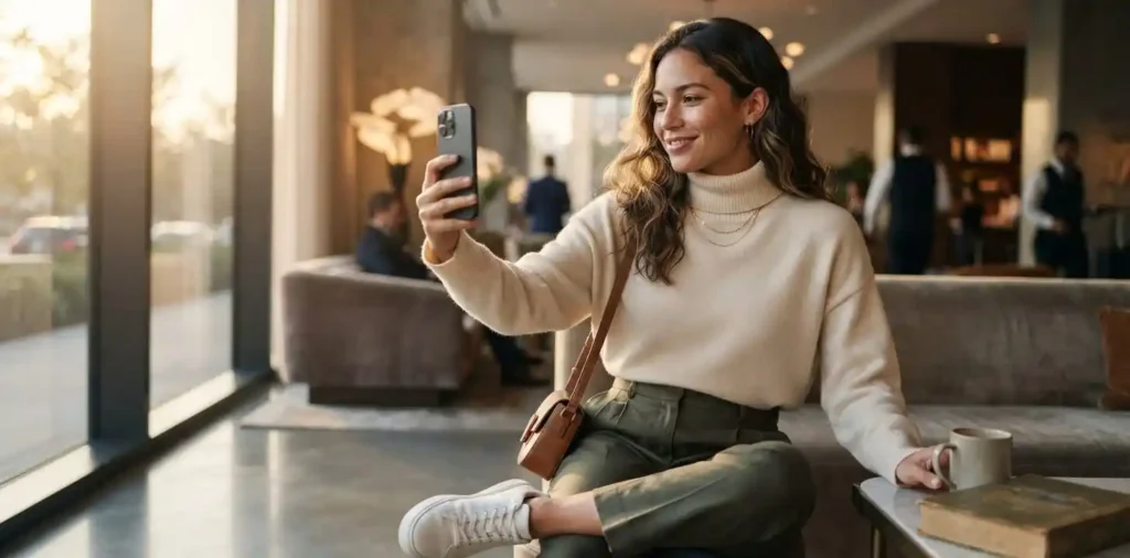 Confident woman taking a stylish victory selfie