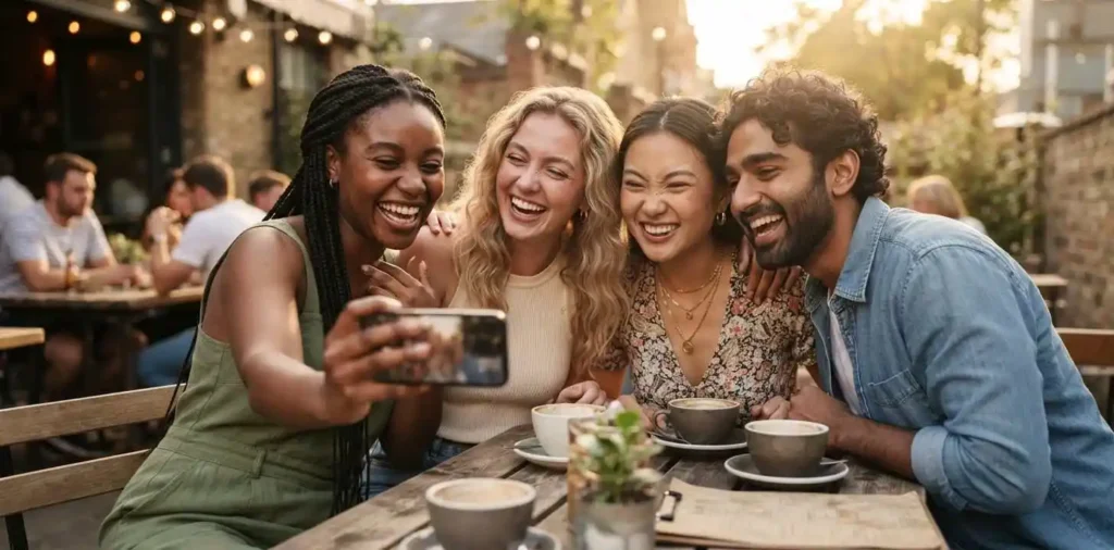 Best friends laughing during a group selfie